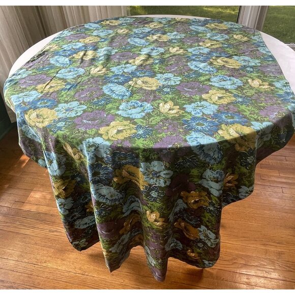 Vintage 60s curtain, large blue, green, purple flowers, floral single panel - Picture 1 of 10